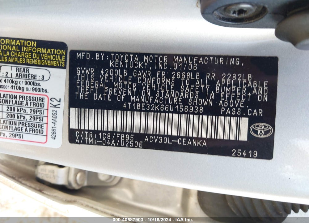 2006 TOYOTA CAMRY LE VIN: 4T1BE32K66U156938