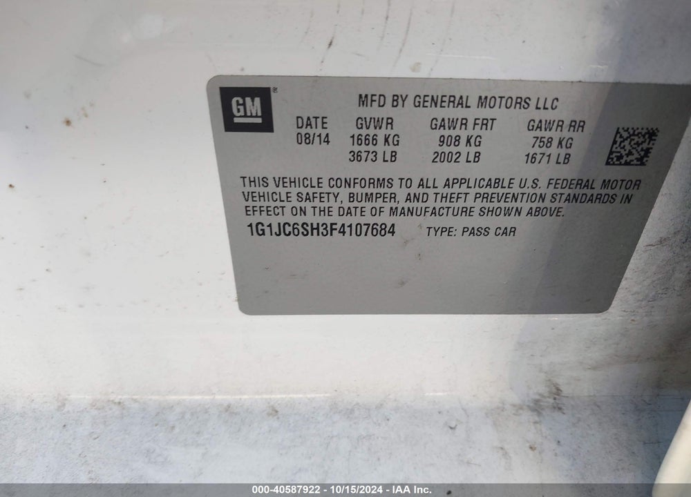 2015 CHEVROLET SONIC LT AUTO VIN: 1G1JC6SH3F4107684