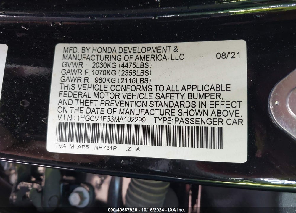 2021 HONDA ACCORD SPORT VIN: 1HGCV1F33MA102299
