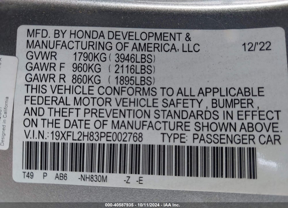 2023 HONDA CIVIC SPORT VIN: 19XFL2H83PE002768