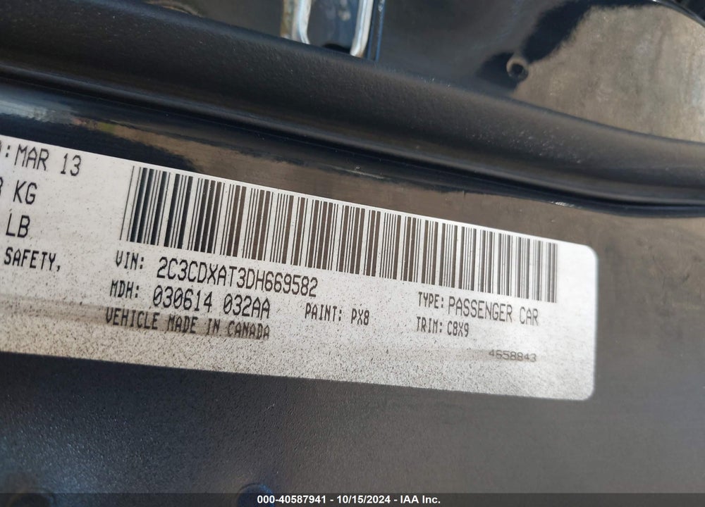 2013 DODGE CHARGER POLICE VIN: 2C3CDXAT3DH669582