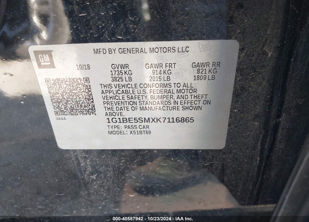 2019 CHEVROLET CRUZE LT VIN: 1G1BE5SMXK7116865