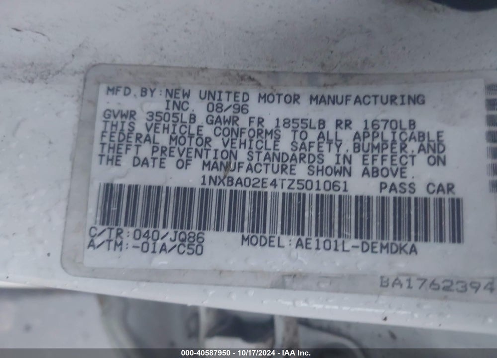 1996 TOYOTA COROLLA VIN: 1NXBA02E4TZ501061