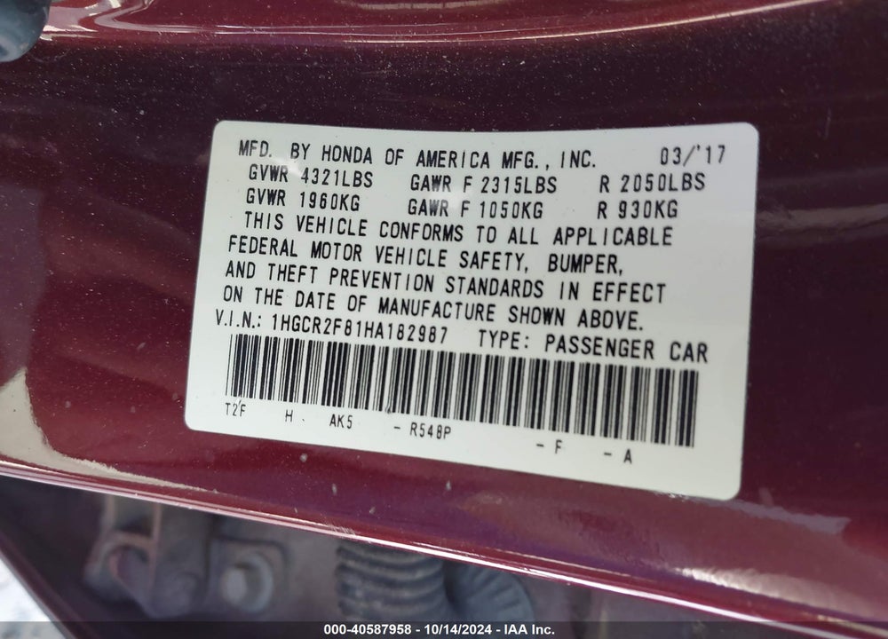 2017 HONDA ACCORD EX-L VIN: 1HGCR2F81HA182987