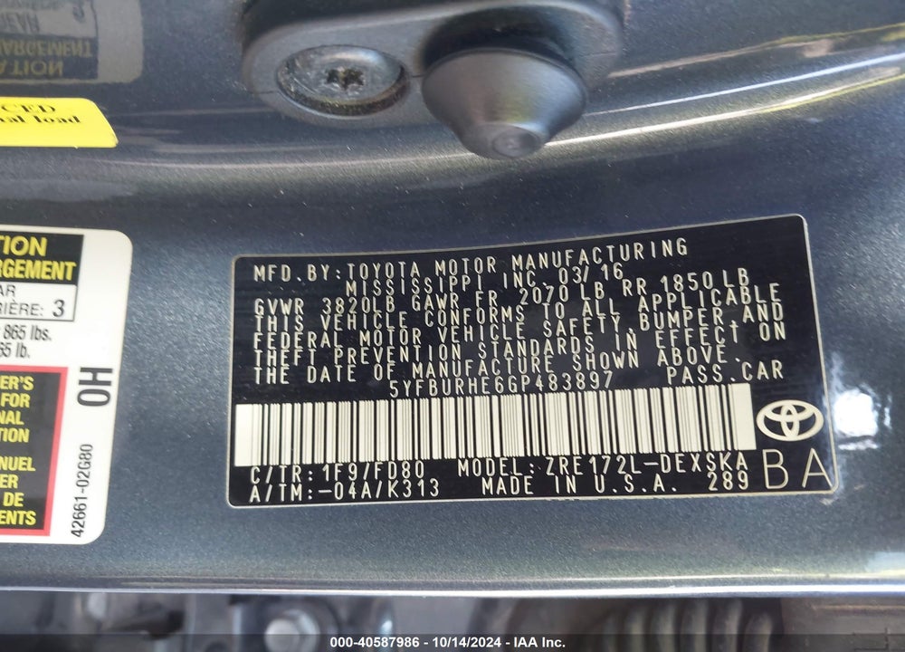 2016 TOYOTA COROLLA S PLUS VIN: 5YFBURHE6GP483897