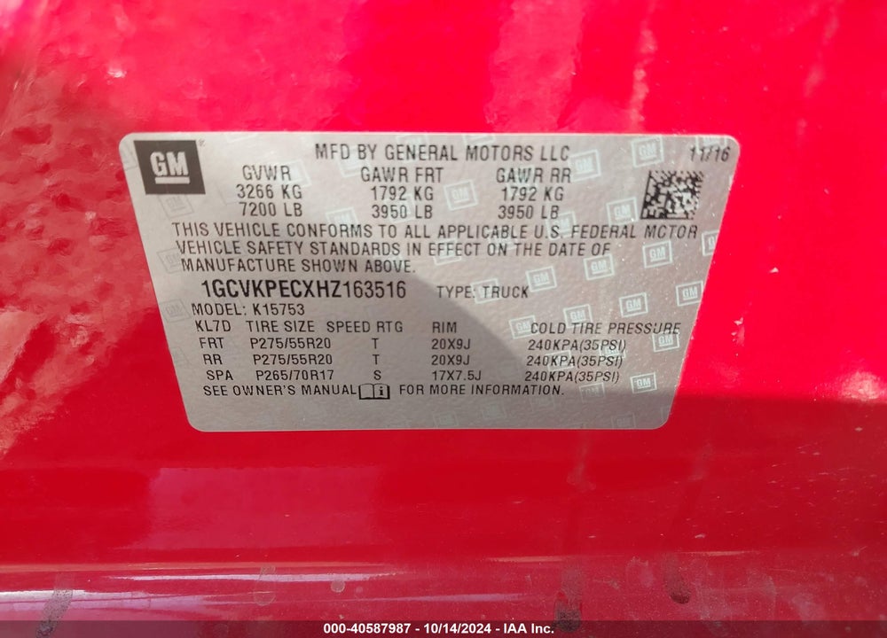 2017 CHEVROLET SILVERADO 1500 CUSTOM VIN: 1GCVKPECXHZ163516