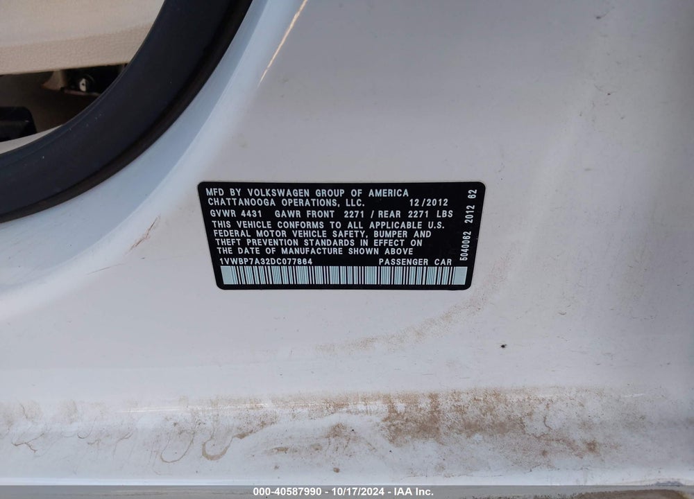 2013 VOLKSWAGEN PASSAT 2.5L SE VIN: 1VWBP7A32DC077864