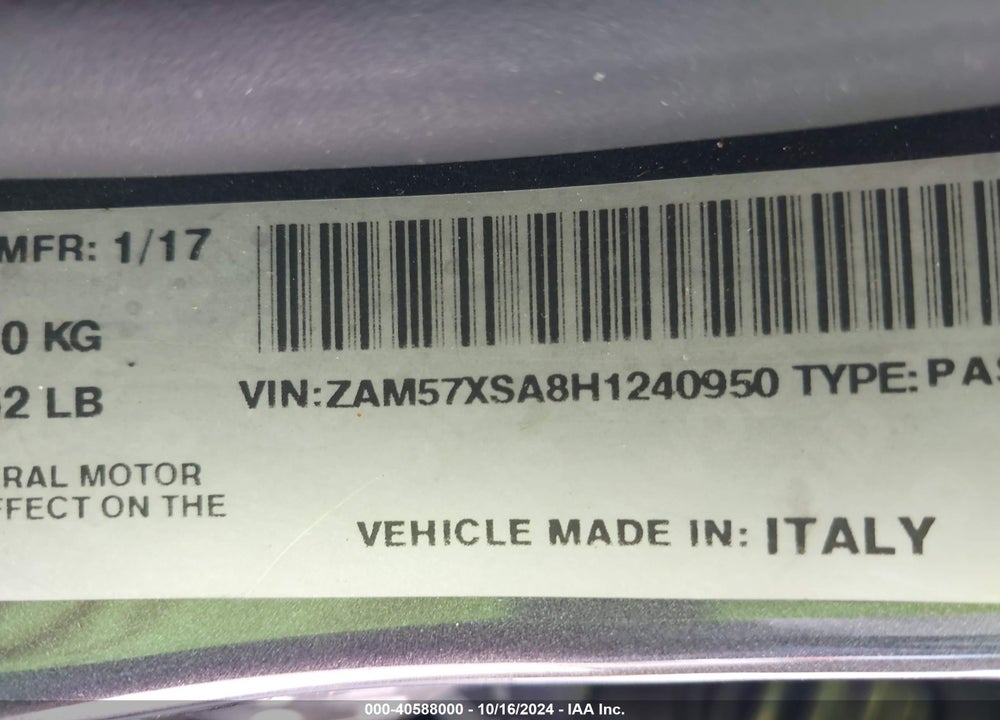 2017 MASERATI GHIBLI VIN: ZAM57XSA8H1240950