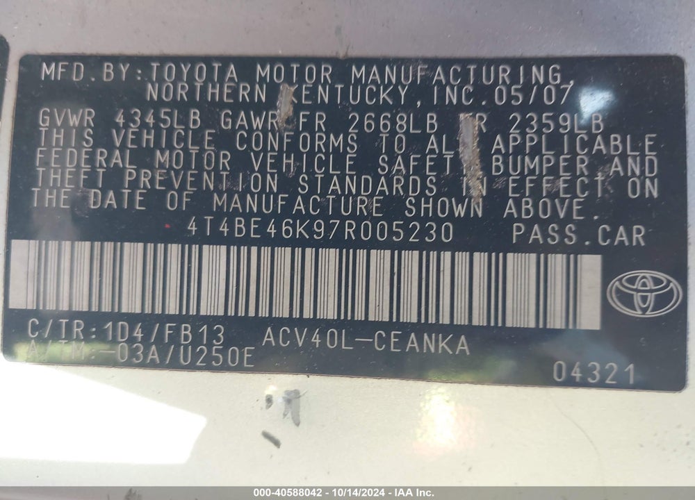 2007 TOYOTA CAMRY LE VIN: 4T4BE46K97R005230