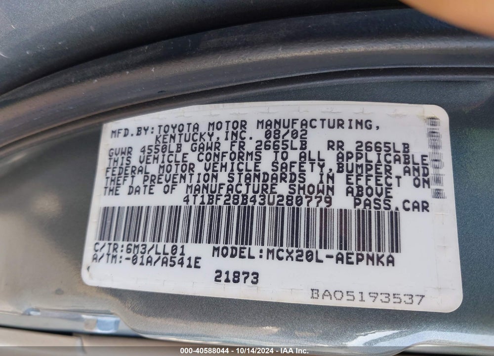 2003 TOYOTA AVALON XL VIN: 4T1BF28B43U280779