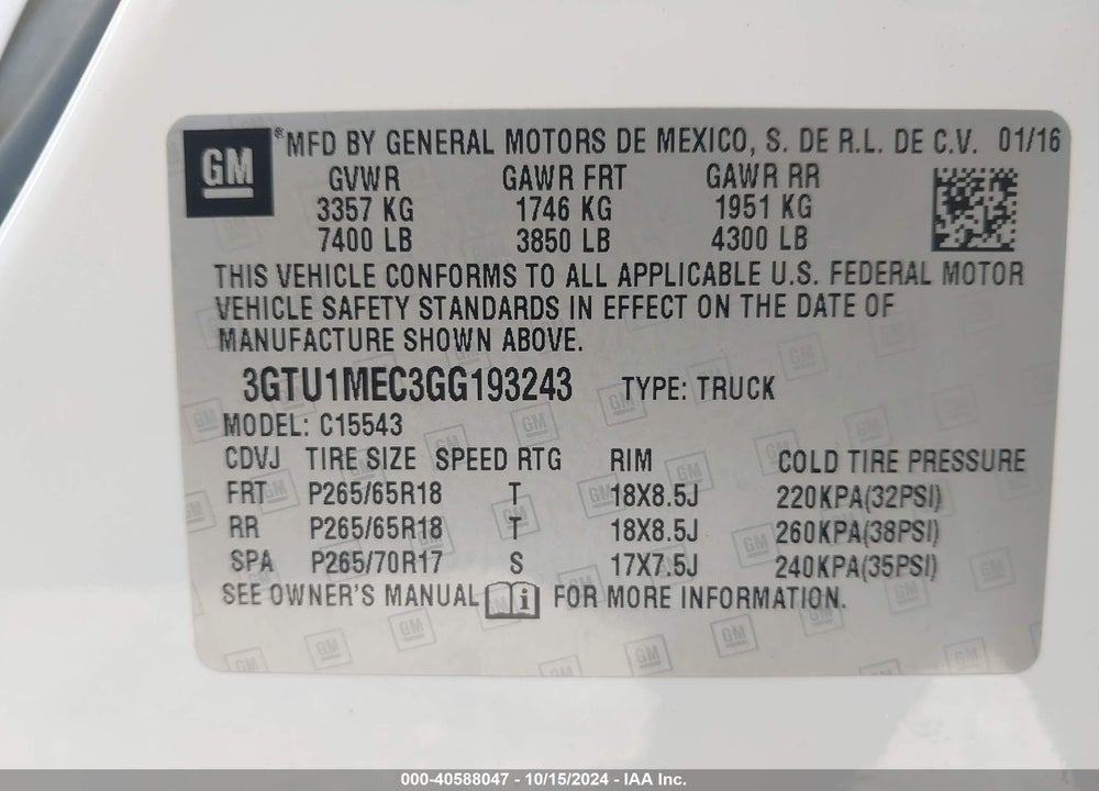 2016 GMC SIERRA 1500 SLE VIN: 3GTU1MEC3GG193243