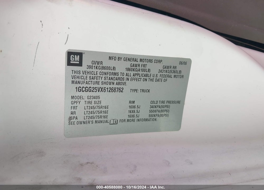 2006 CHEVROLET EXPRESS WORK VAN VIN: 1GCGG25VX61268762