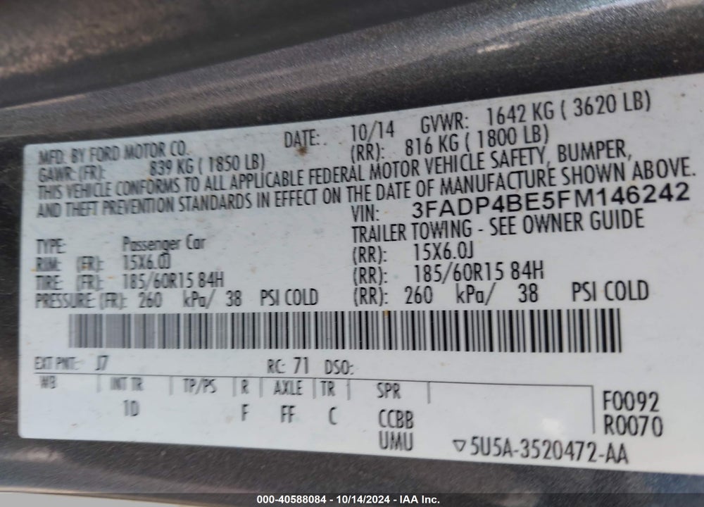 2015 FORD FIESTA SE VIN: 3FADP4BE5FM146242