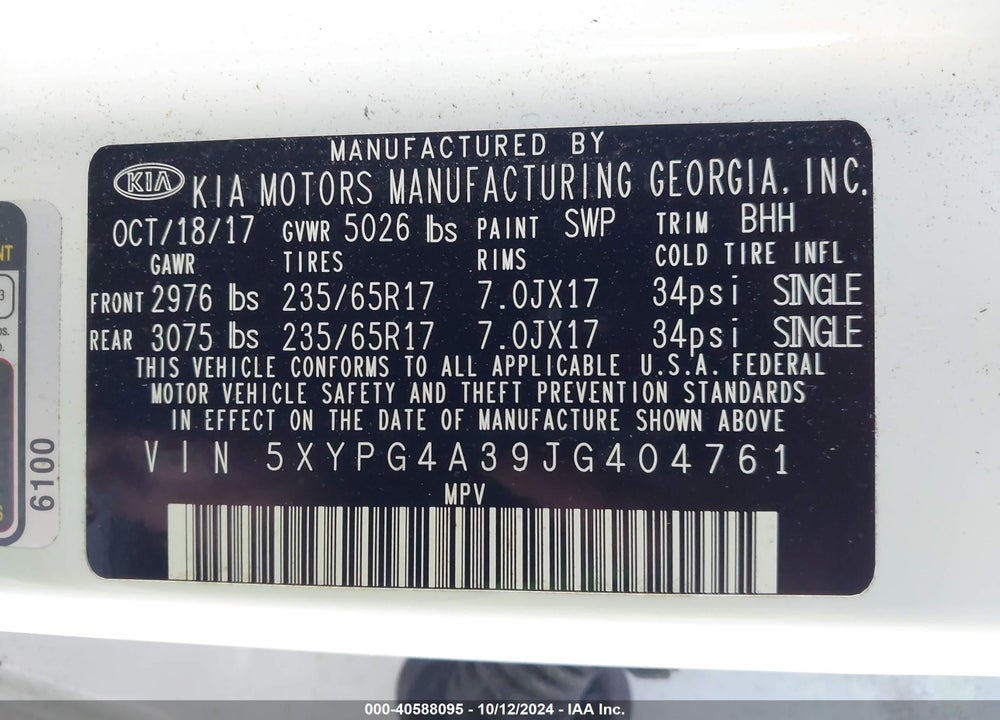 2018 KIA SORENTO 2.4L LX VIN: 5XYPG4A39JG404761