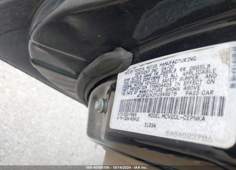 2000 TOYOTA CAMRY LE V6 VIN: 4T1BF22K2YU949678