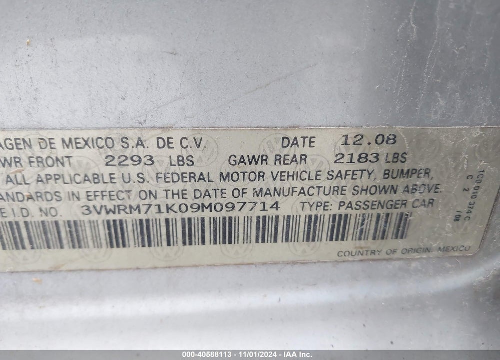 2009 VOLKSWAGEN JETTA SE VIN: 3VWRM71K09M097714