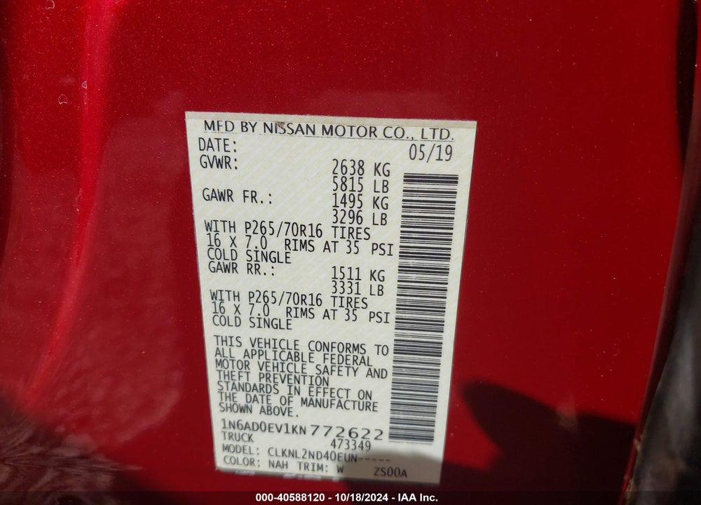 2019 NISSAN FRONTIER SV VIN: 1N6AD0EV1KN772622