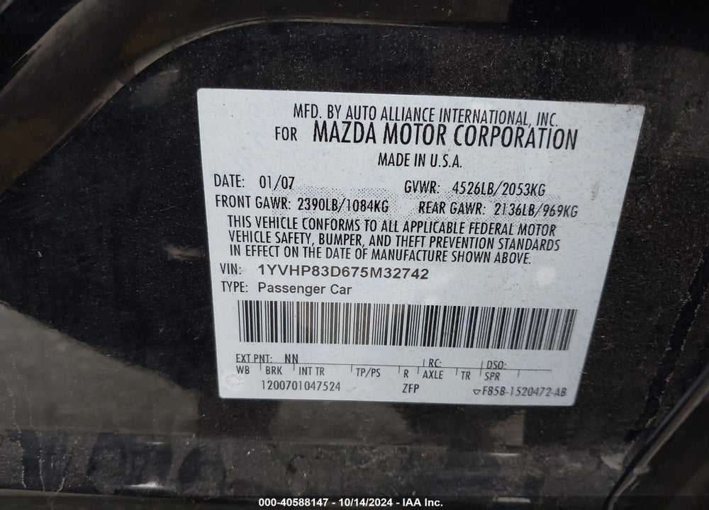 2007 MAZDA 6 S GRAND TOURING VIN: 1YVHP83D675M32742