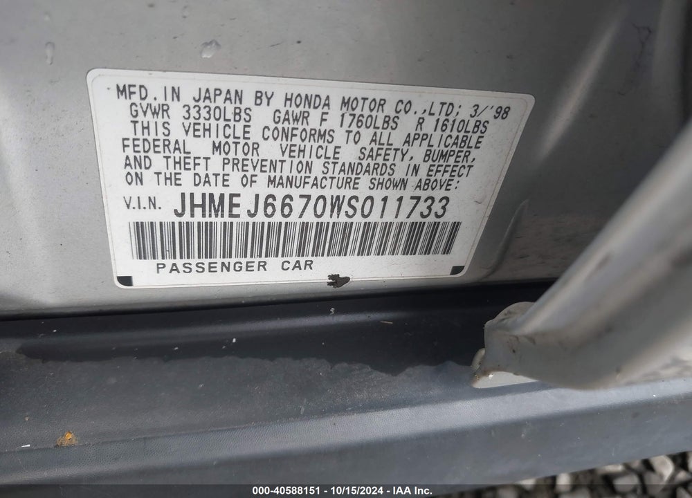 1998 HONDA CIVIC LX VIN: JHMEJ6670WS011733