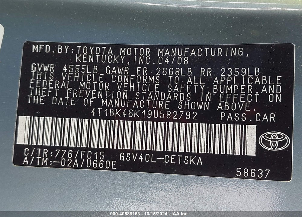 2009 TOYOTA CAMRY SE V6 VIN: 4T1BK46K19U582792