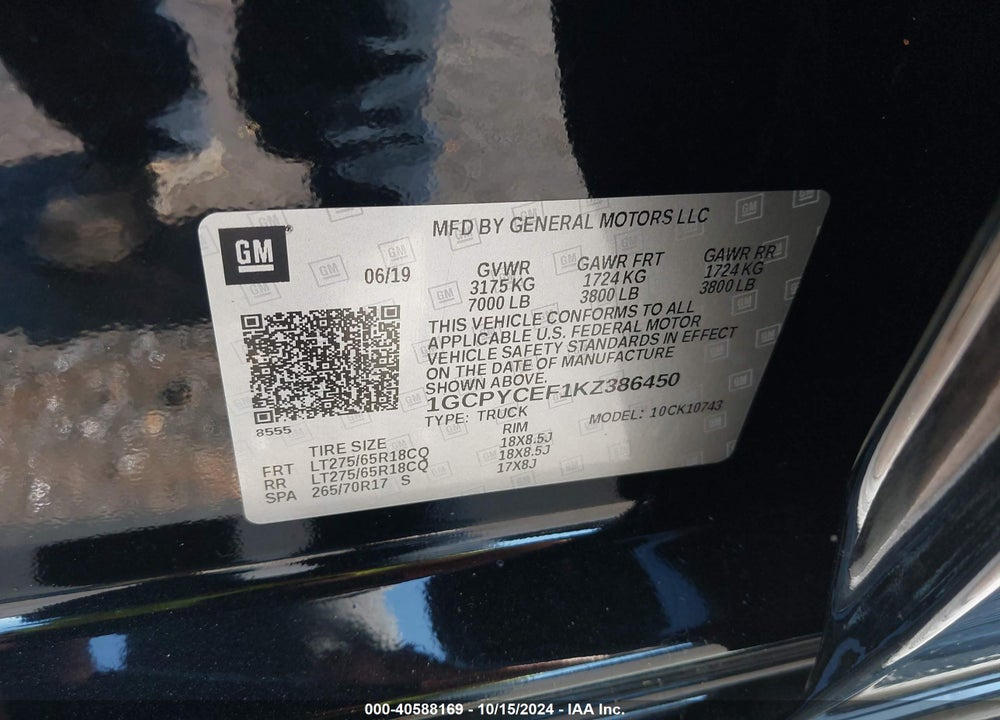 2019 CHEVROLET SILVERADO 1500 CUSTOM TRAIL BOSS VIN: 1GCPYCEF1KZ386450