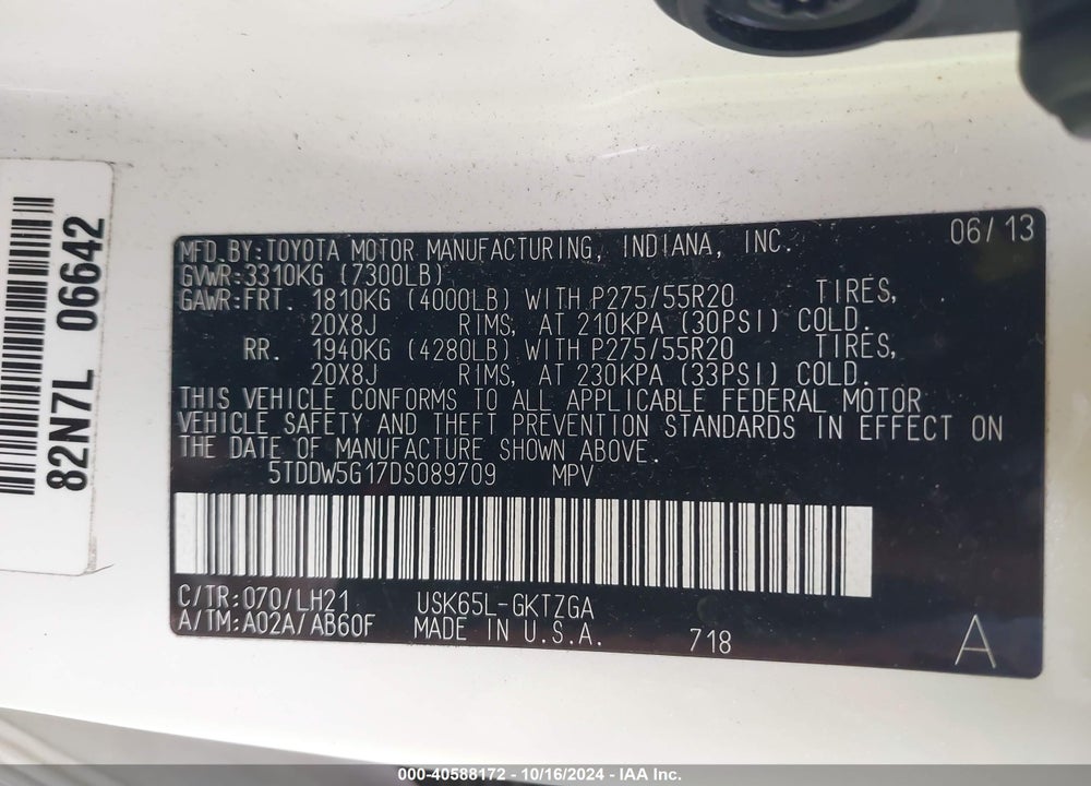 2013 TOYOTA SEQUOIA PLATINUM 5.7L V8 VIN: 5TDDW5G17DS089709