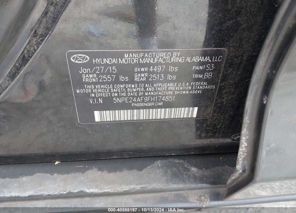 2015 HYUNDAI SONATA SE VIN: 5NPE24AF9FH174851