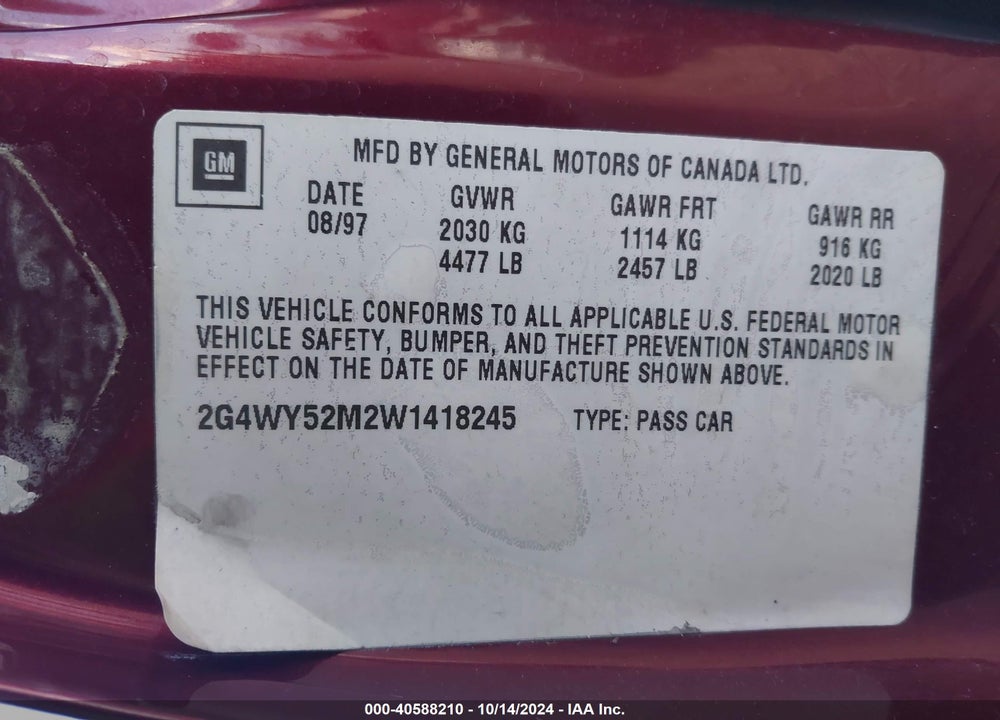 1998 BUICK CENTURY LIMITED CMI VIN: 2G4WY52M2W1418245