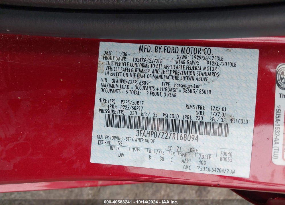 2007 FORD FUSION SE VIN: 3FAHP07Z27R168094