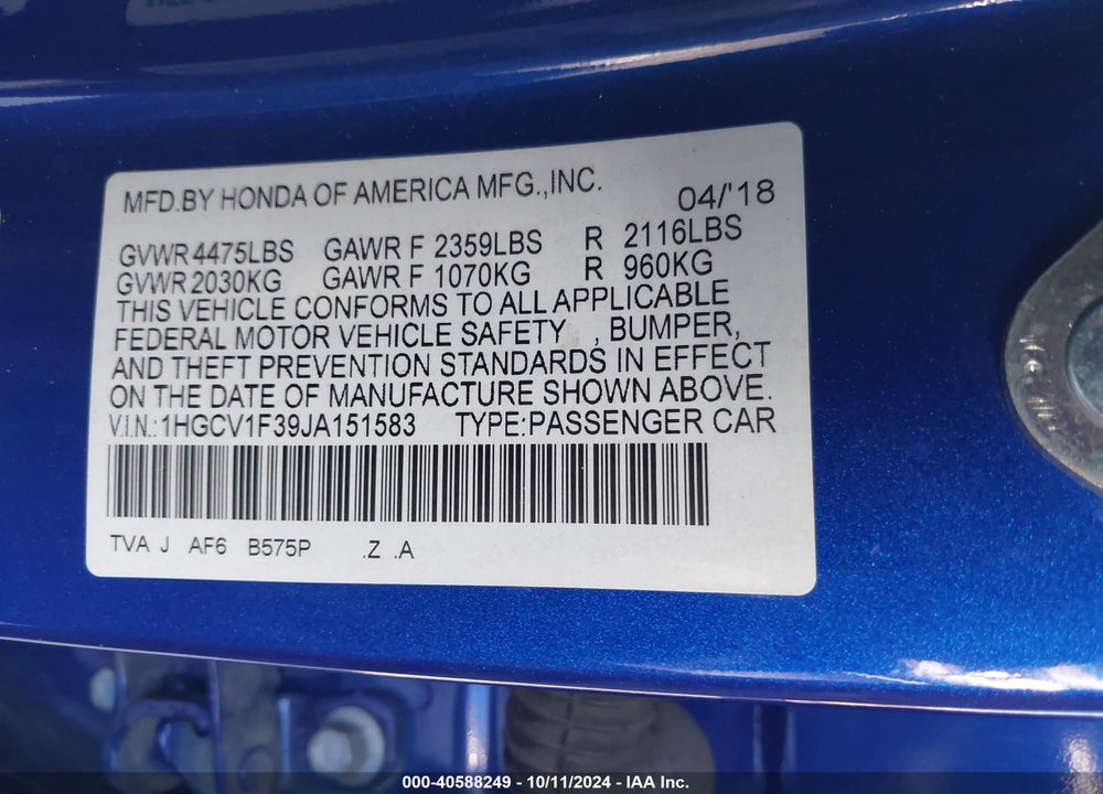 2018 HONDA ACCORD SPORT VIN: 1HGCV1F39JA151583