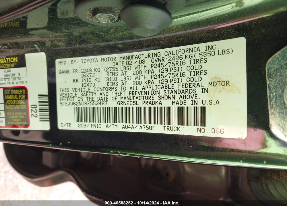 2008 TOYOTA TACOMA VIN: 5TEJU62N08Z553487