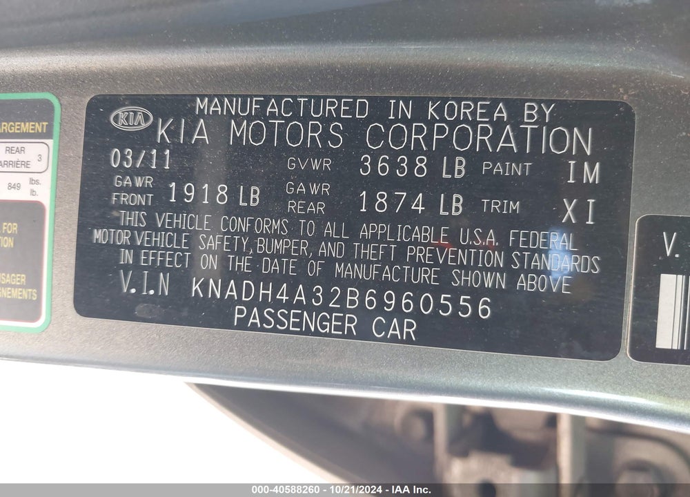 2011 KIA RIO LX VIN: KNADH4A32B6960556