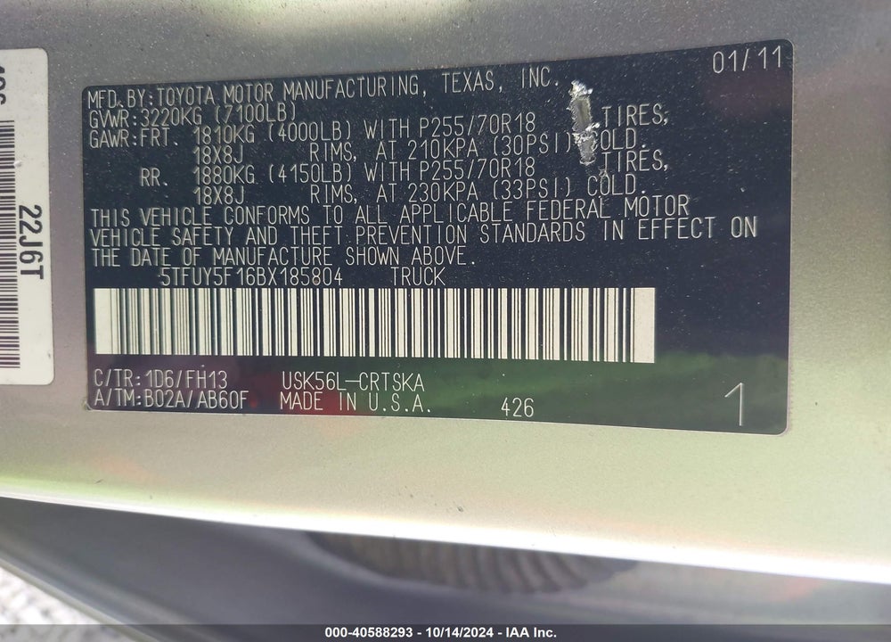 2011 TOYOTA TUNDRA GRADE 5.7L V8 VIN: 5TFUY5F16BX185804