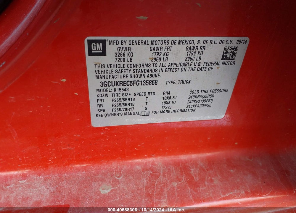 2015 CHEVROLET SILVERADO 1500 1LT VIN: 3GCUKREC5FG135868