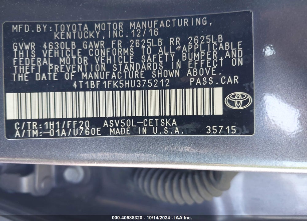 2017 TOYOTA CAMRY SE VIN: 4T1BF1FK5HU375212