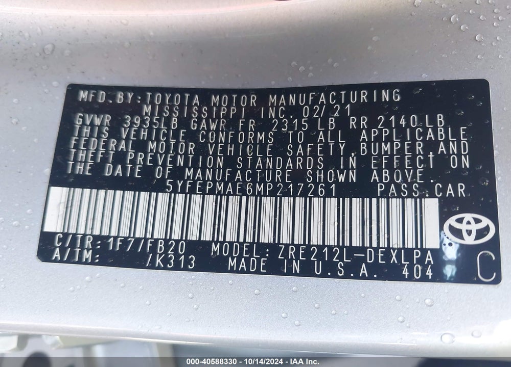 2021 TOYOTA COROLLA LE VIN: 5YFEPMAE6MP217261
