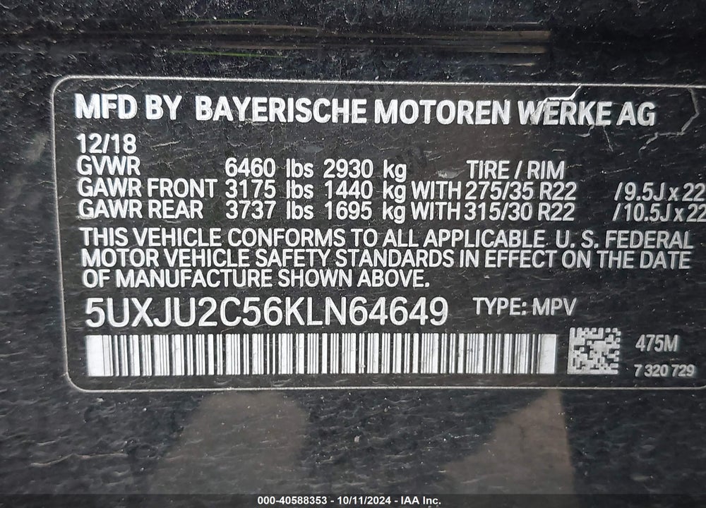2019 BMW X5 XDRIVE50I VIN: 5UXJU2C56KLN64649