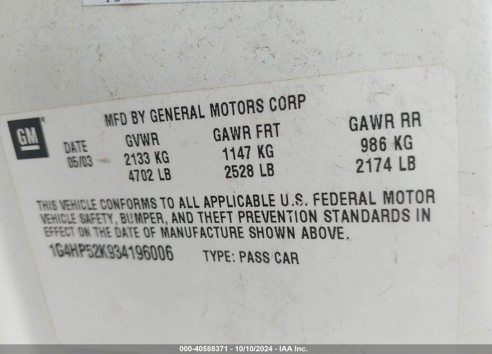 2003 BUICK LESABRE CUSTOM VIN: 1G4HP52K934196006