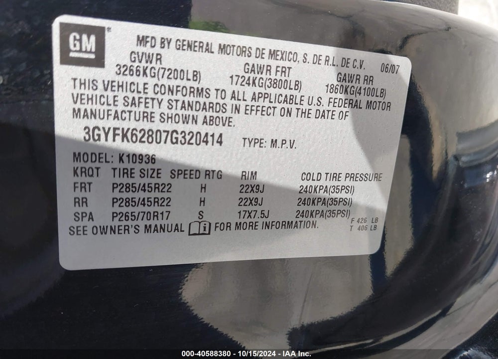 2007 CADILLAC ESCALADE EXT STANDARD VIN: 3GYFK62807G320414