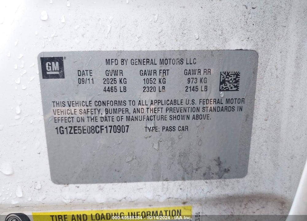 2012 CHEVROLET MALIBU 1LZ VIN: 1G1ZE5E08CF170907