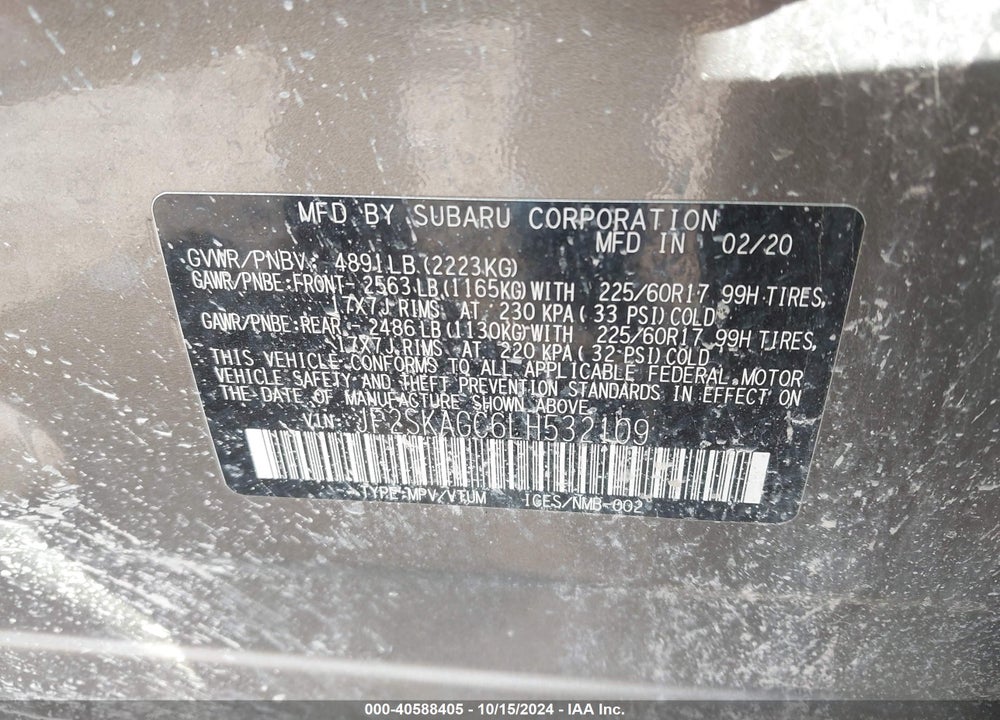 2020 SUBARU FORESTER PREMIUM VIN: JF2SKAGC6LH532109