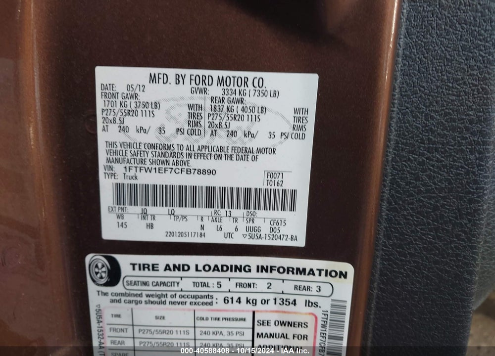 2012 FORD F-150 LARIAT VIN: 1FTFW1EF7CFB78890