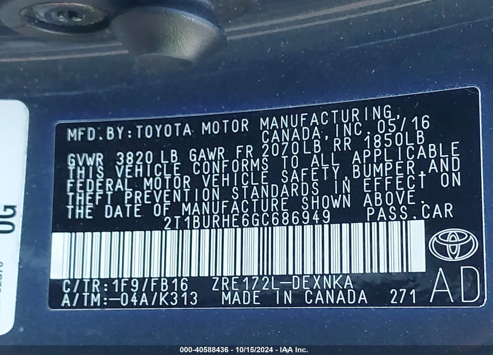 2016 TOYOTA COROLLA LE VIN: 2T1BURHE6GC686949