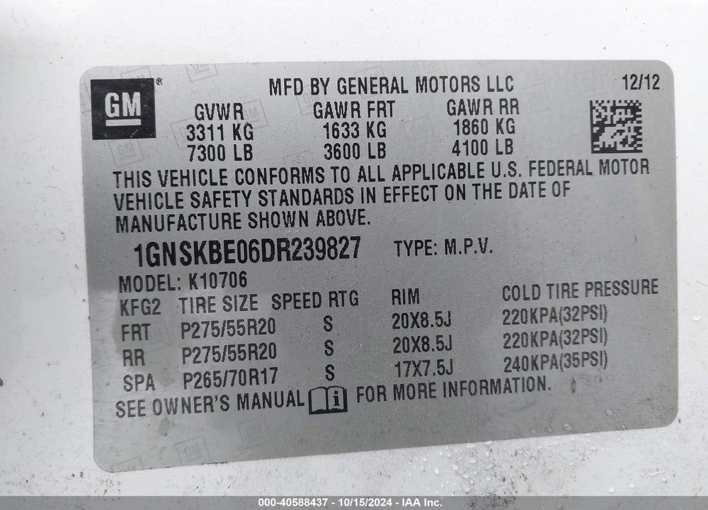 2013 CHEVROLET TAHOE VIN: 1GNSKBE06DR239827