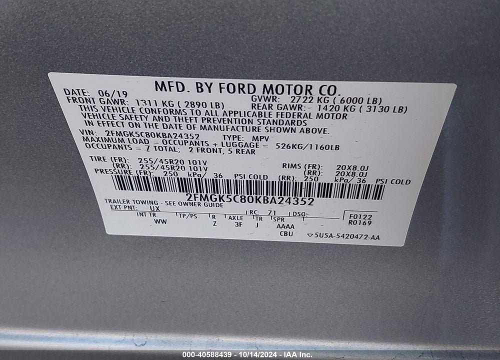 2019 FORD FLEX SEL VIN: 2FMGK5C80KBA24352