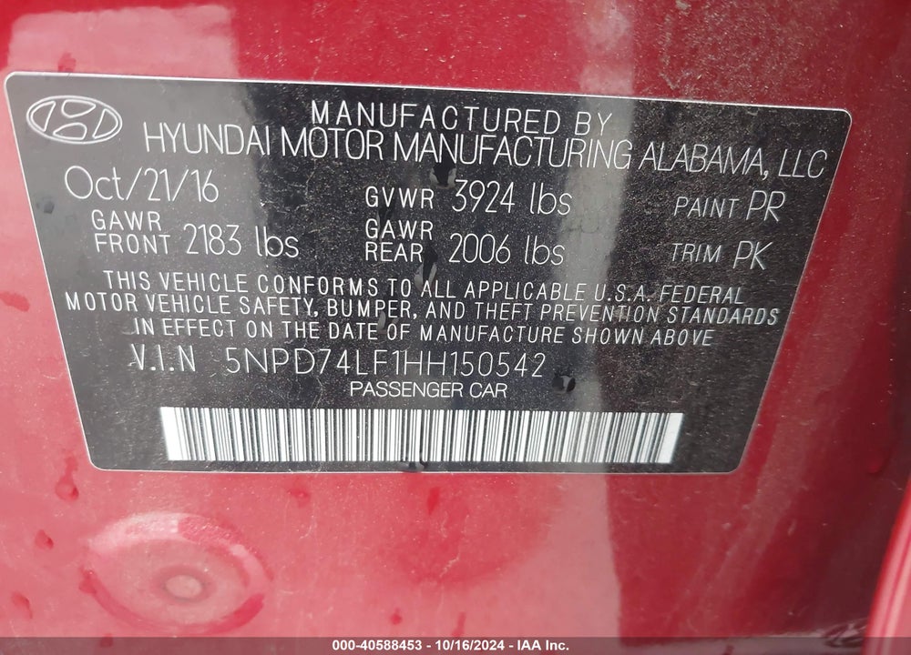 2017 HYUNDAI ELANTRA SE VIN: 5NPD74LF1HH150542