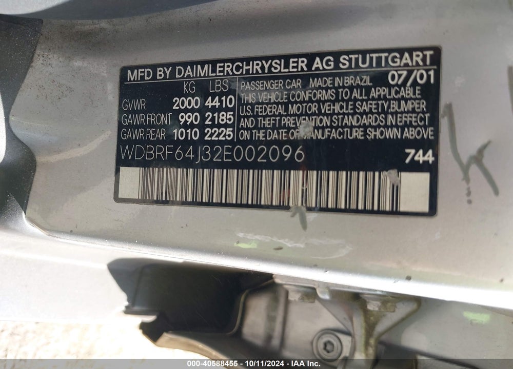 2002 MERCEDES-BENZ C 320 VIN: WDBRF64J32E002096