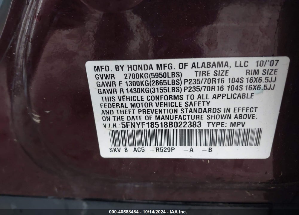 2008 HONDA PILOT EX-L VIN: 5FNYF18518B022383