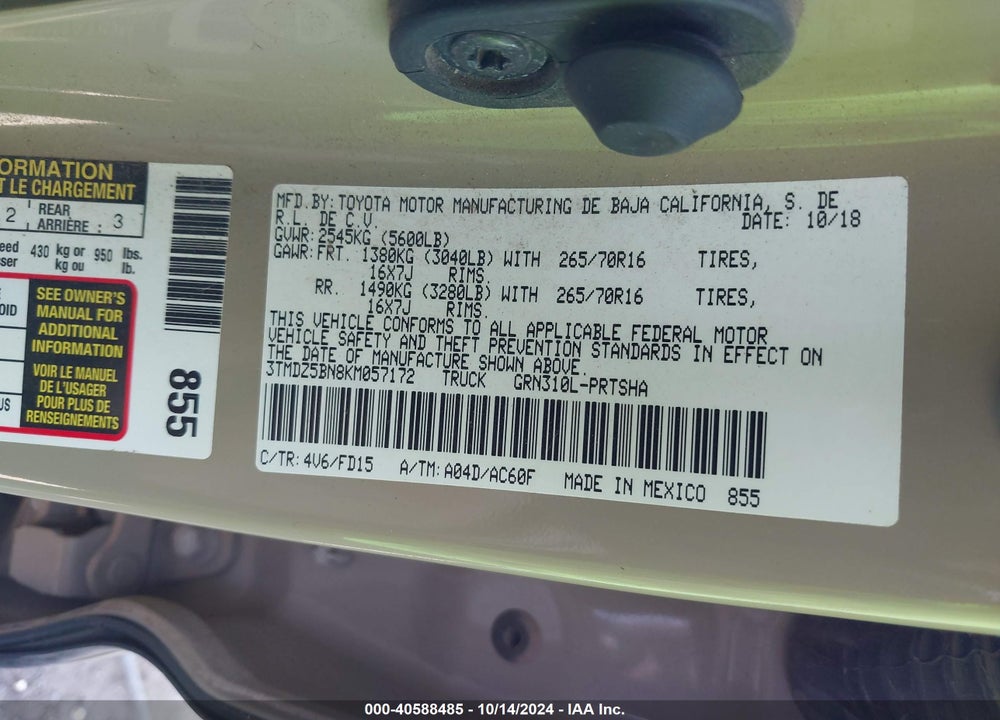 2019 TOYOTA TACOMA VIN: 3TMDZ5BN8KM057172