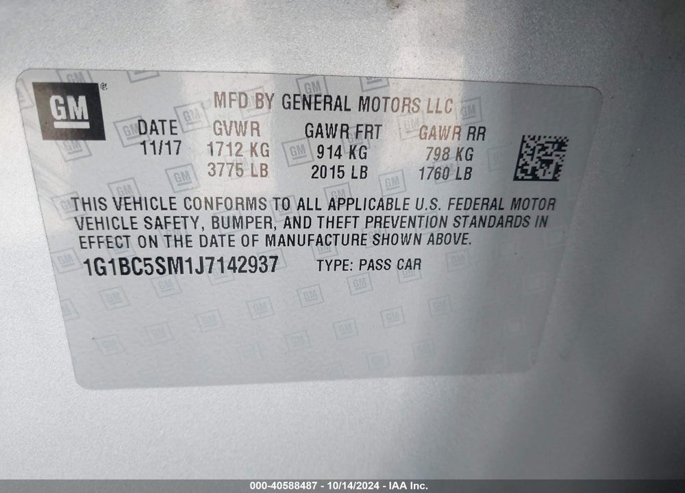 2018 CHEVROLET CRUZE LS AUTO VIN: 1G1BC5SM1J7142937